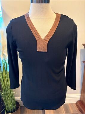 Ralph Lauren Black 3/4 Sleeve V-Neck Top with Brown Trim XL NWOT